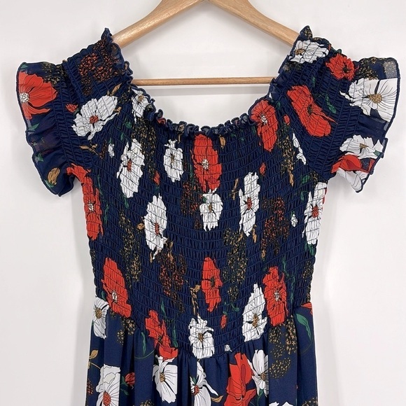 Siren Lily Smocked Floral Romper Women’s Size Large in Navy Blue & Orange - Picture 1 of 9
